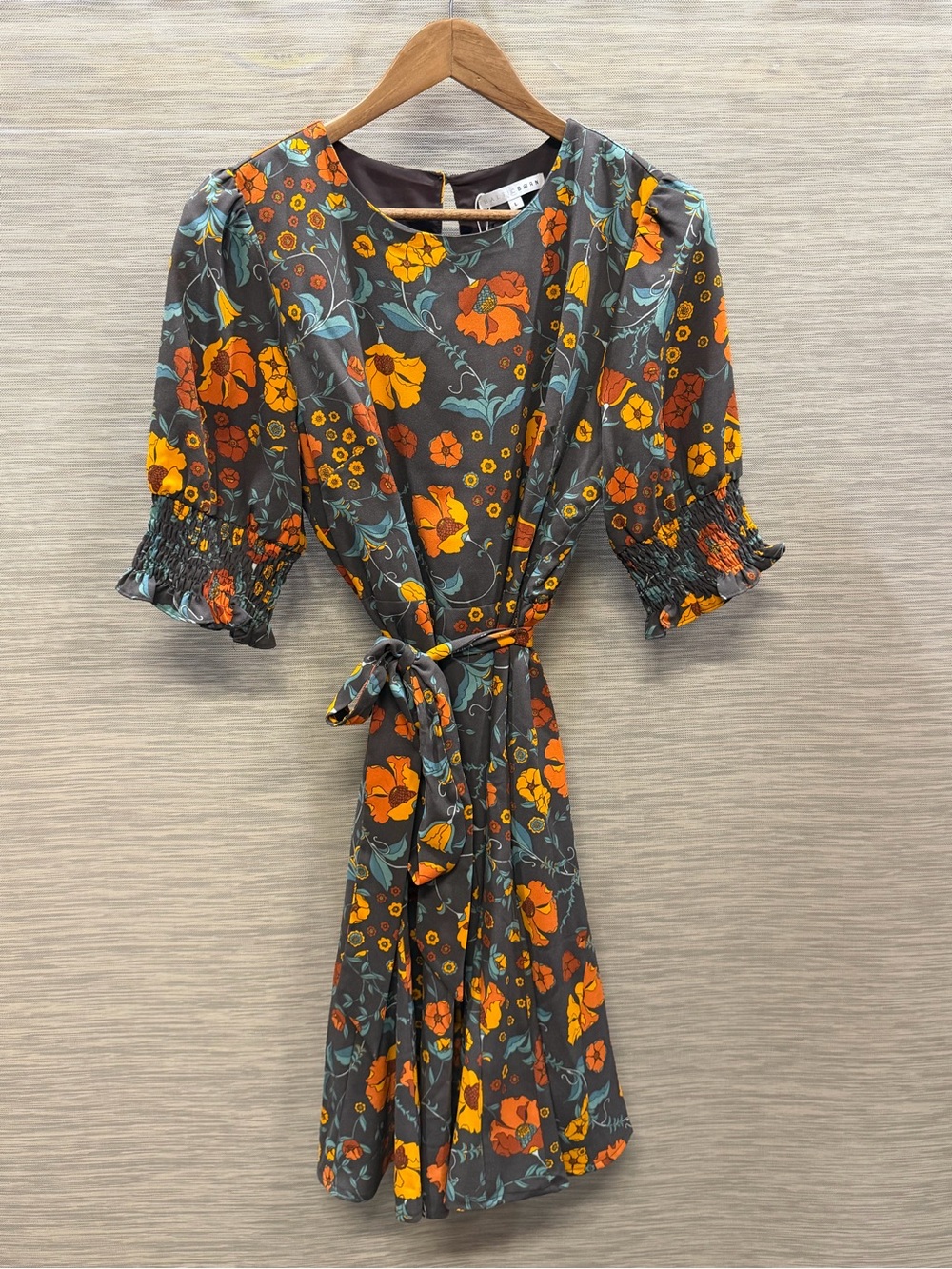 Baltic Born Cherie Flare Dress Floral Print Smocked Puff Sleeve Belted Women’s L